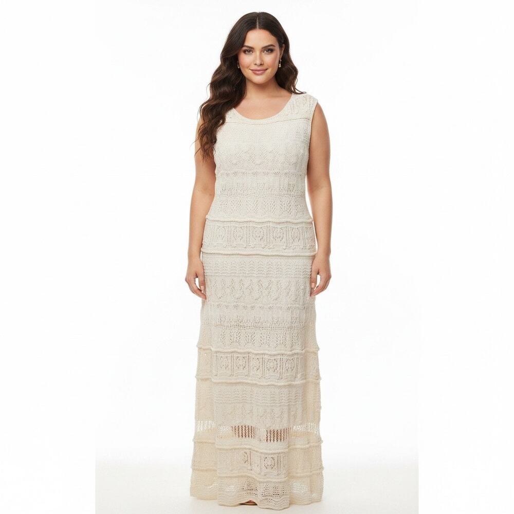 Soft Surroundings Cream Crochet Knit Boho Maxi Dress 2X Cottagecore Cotton Chic